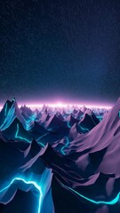 Poster - Surreal alien terrain of neon mountains with a massive glowing planet on the horizon,