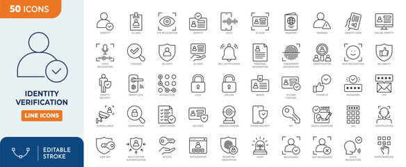 Identity and Verification line editable icon set. Containing Passport, biometric, tools, driving license, face id, code, fingerprint, and more. Vector illustration
