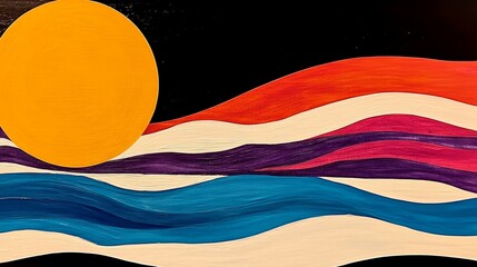 Wall Mural - Colorful abstract painting of a sun setting over calm water with layers of orange white purple pink and blue hues