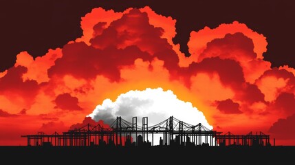 Canvas Print - Dramatic silhouette of a cityscape and bridge against a fiery sunset or sunrise with billowing red and orange clouds