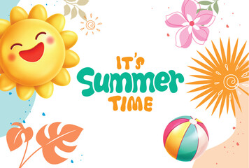 Fototapete - Summer time greeting clipart design. Summer time text with sun character with happy face clip art and tropical drawing elements in abstract background vector illustration.
