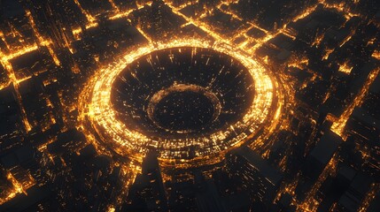Poster - Dramatic aerial view of glowing circular structure, illuminated urban landscape at night, futuristic design, vibrant energy.