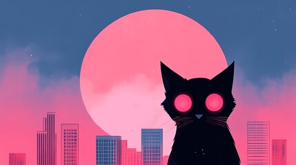 Sticker - A black cat with glowing eyes sits silhouetted against a bright pink moon and stylized city skyline at night in a digital art style