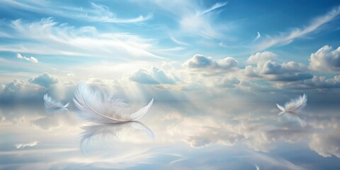 Wall Mural - Serene White Feathers Drifting on a Calm Heavenly Reflection of Clouds and Sky