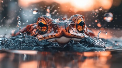 Canvas Print - A macro shot of a frog partially submerged in water with splashes around it showcasing its vibrant colors and textured skin