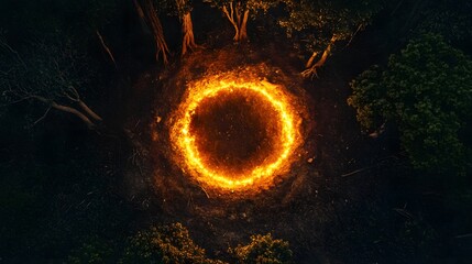Poster - Circular glowing light, vibrant orange ring against dark background, symbolizes cosmic phenomena or energy source, room for text.