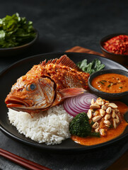 Wall Mural - Crispy whole red snapper served with rice, curry, and fresh vegetables on a black plate.