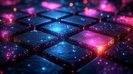 Poster - Glowing Geometric Grid in Shifting Shades of Purple Blue and Magenta on Dark Background
