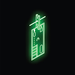 Poster - glowing neon green hotel key card hanging on a wall on black background
