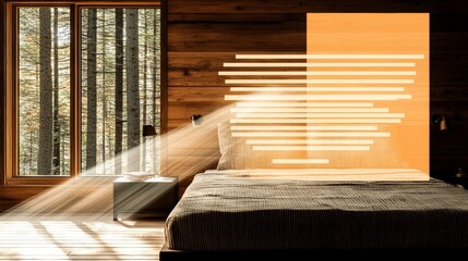 Poster - Sunlit bedroom scene with wooden walls forest view from window and warm light creating inviting atmosphere Serene and rustic retreat