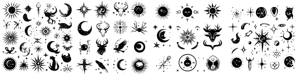 collection of celestial and mystical symbols featuring sun, moon, stars, animals, and other designs 