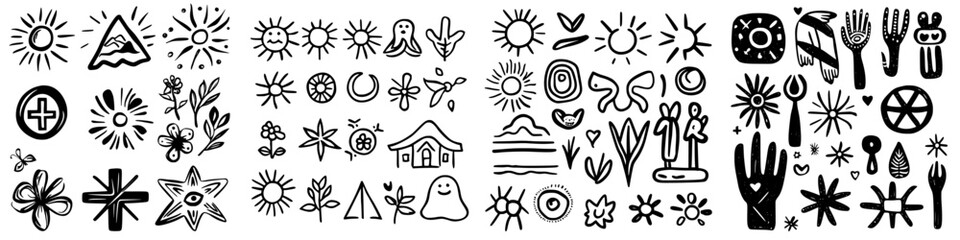 Poster - Artistic display of hand-drawn symbols featuring nature, suns, and abstract designs in black and white