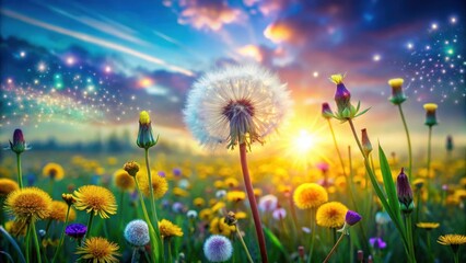 Wall Mural - Enchanted Meadow at Sunset A Field of Dandelions and Blossoms Glowing with Magical Stardust