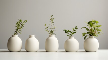 Closeup of modern minimalist ceramic vases with a smooth matte finish placed on a clean white surface for a simple elegant and serene home decor display