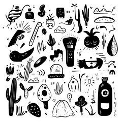 Poster - creative black and white doodle artwork featuring various natural elements and abstract shapes