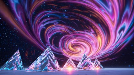 Poster -  Translucent pyramids emitting pink and orange glows in a cosmic setting,