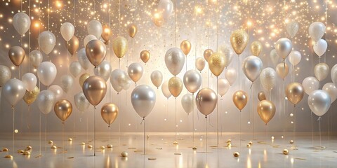 Poster - Elegant Celebration Shimmering Gold and Pearl Balloons Suspended in a Festive Atmosphere with Confetti