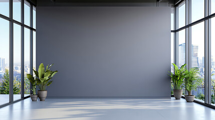 Wall Mural - Modern empty grey wall in a spacious office interior with plants and large windows. 3D Rendering