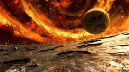 Poster - Fiery Nebula and Cratered Planet Surface Celestial Landscape
