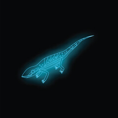 Poster - blue neon lizard with its long tail crawling in the dark