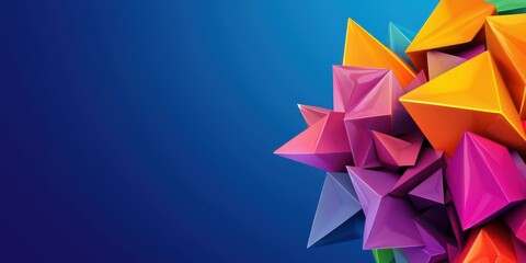 Poster - A vibrant cluster of colorful geometric shapes, featuring pyramids in shades of pink, orange, and purple against a blue background.