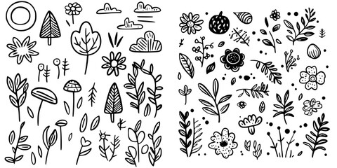 Poster - black and white doodle art featuring various plants and flowers with whimsical designs