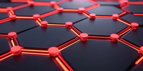 Poster - A close-up view of a futuristic hexagonal pattern illuminated with red lines, set against a dark background, creating a high-tech aesthetic.