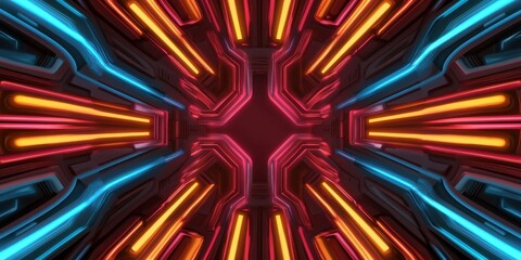 Poster - A vibrant, futuristic design featuring glowing neon lines in blue, orange, and pink, creating a dynamic tunnel effect.