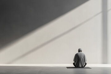 a man meditating sitting against the wall. back view.