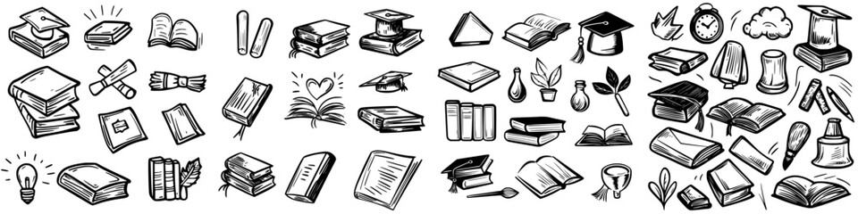 Poster - Diverse collection of hand-drawn illustrations representing education, books, and learning tools in a fun and creative layout