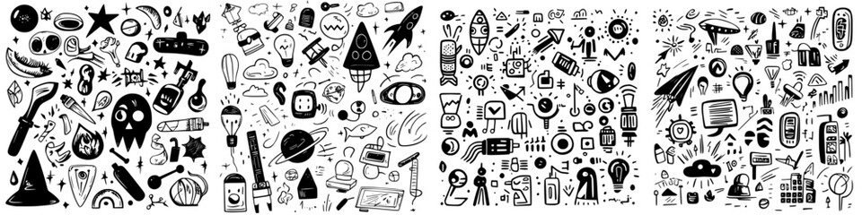 Poster - Creative black and white doodles featuring various shapes, symbols, and characters displayed in a playful arrangement