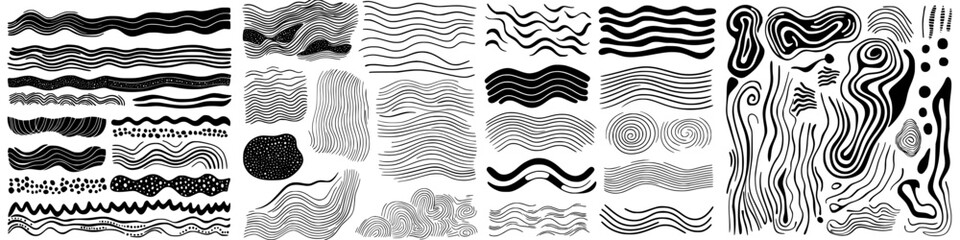 Poster - varied abstract line patterns showcased in black and white on a white background with fluid shapes a