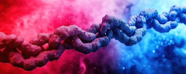 Poster - A vibrant, abstract representation of intertwined chains, highlighting contrasting red and blue hues against a dynamic, cosmic background.