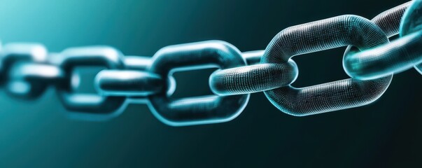 Poster - A close-up of a metallic chain link, showcasing its texture and shine against a dark blue background.