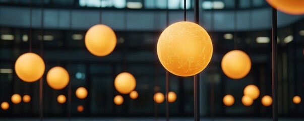 Poster - A close-up view of glowing orange spheres suspended in a modern indoor space, creating a warm and inviting atmosphere.