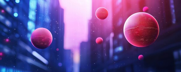 Poster - A vibrant digital scene depicting floating spheres in a futuristic cityscape, blending technology and abstract biology.
