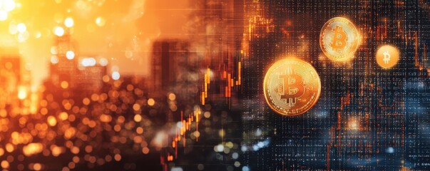 Poster - A vibrant digital representation of cryptocurrency, highlighting Bitcoin amidst a backdrop of urban lights and fluctuating graphs.