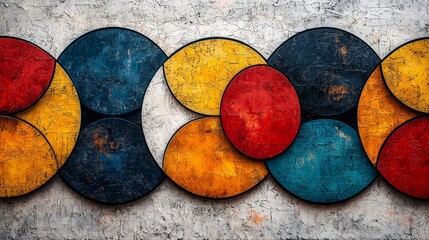 Poster - Vibrant Geometric Abstract Pattern with Overlapping Circles and Squares on Textured White Background