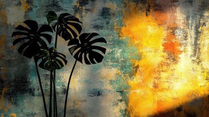 Aufkleber - Monstera deliciosa leaves against a textured wall
