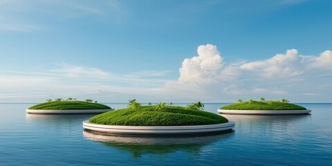 Poster - Tranquil scene of three green islands surrounded by calm blue water under a clear sky, showcasing nature's beauty and serene landscapes.