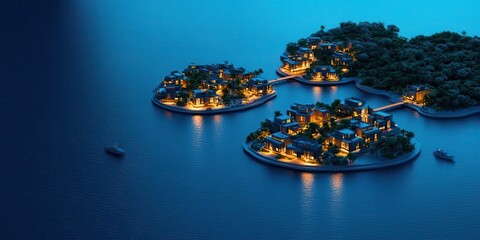 Poster - A serene aerial view of illuminated islands surrounded by calm water, showcasing luxurious villas amidst lush greenery at twilight.