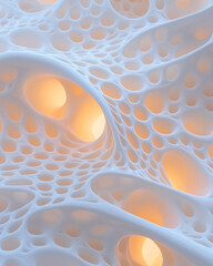 Poster - An abstract image of a sculptural organic mass, dotted with oval openings where subtle glowing