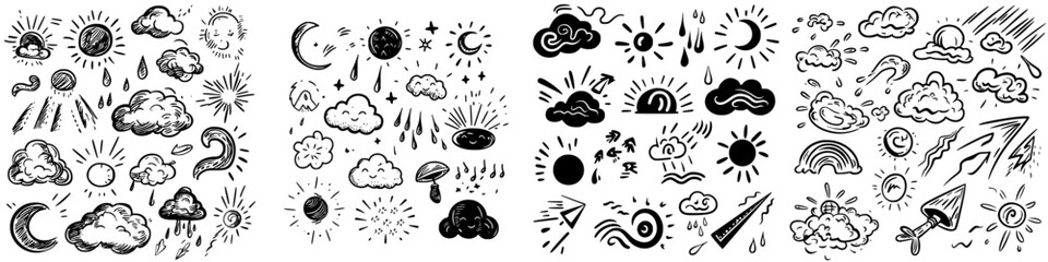 Wall Mural - illustration of various weather elements in black and white with designs of clouds, sun, and stars