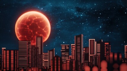 Poster - A futuristic city skyline illuminated by a large red moon against a starry night sky, creating a vibrant and otherworldly atmosphere.