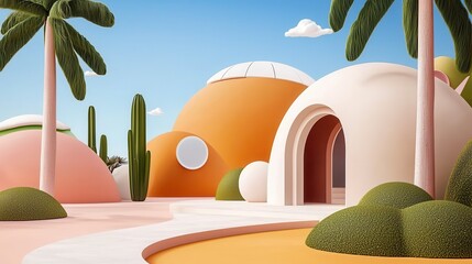 Poster - A vibrant, whimsical landscape featuring colorful, dome-shaped buildings surrounded by palm trees and lush greenery under a clear blue sky.