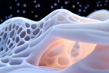 Poster - A futuristic still of an interwoven organic design with a delicate porous surface, subtly lit from