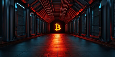 Poster - A futuristic corridor illuminated by a glowing Bitcoin symbol, creating a tech-inspired ambiance.