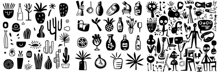 Poster - Colorful collection of abstract illustrations featuring plants, bottles, and unique figures with a playful style