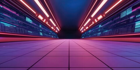 Aufkleber - A vibrant, futuristic corridor illuminated by neon lights, featuring a sleek, tiled floor and digital patterns along the walls, creating a high-tech atmosphere.