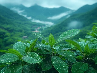 Wall Mural - Misty Mountain Valley with Cascading Raindrops and Soft Filtered Light